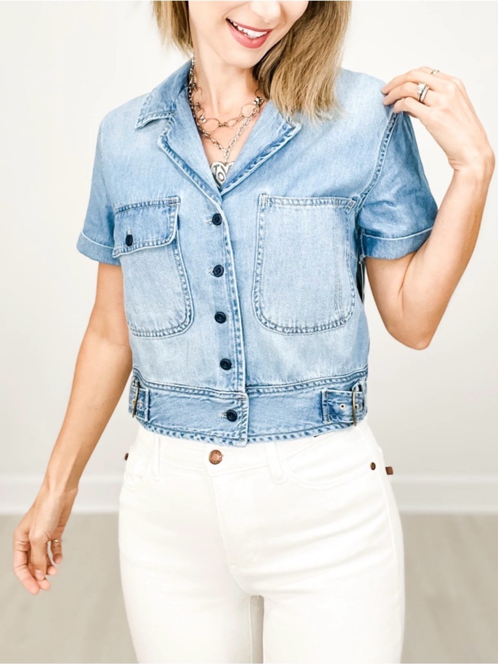 Cropped Light Blue Denim Button-Down Shirt